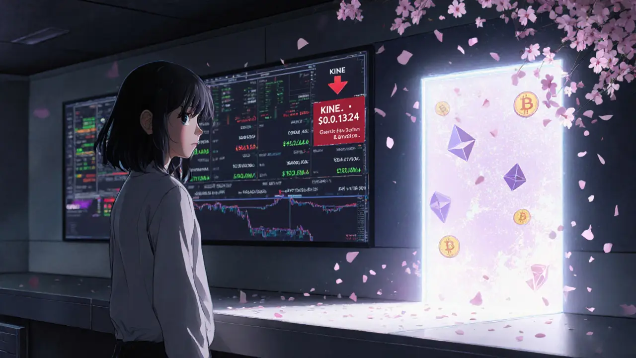 A girl facing a low KINE token price screen, with a glowing portal revealing future spot trading features.