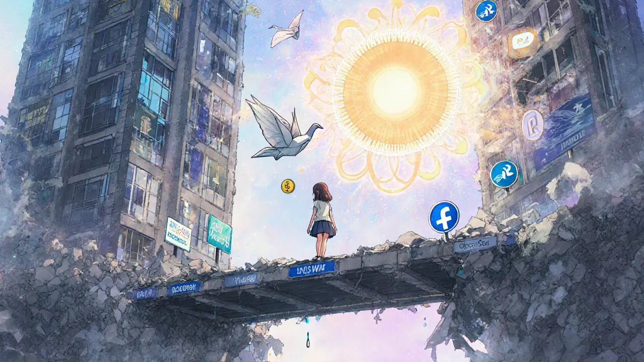 A girl stepping from a crumbling Web2 building onto a bridge of blockchain nodes, with an NFT flower blooming behind her.