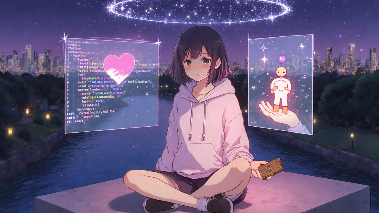 A girl surrounded by holograms of smart contracts and IPFS nodes, holding a glowing MetaMask wallet in a serene digital landscape.