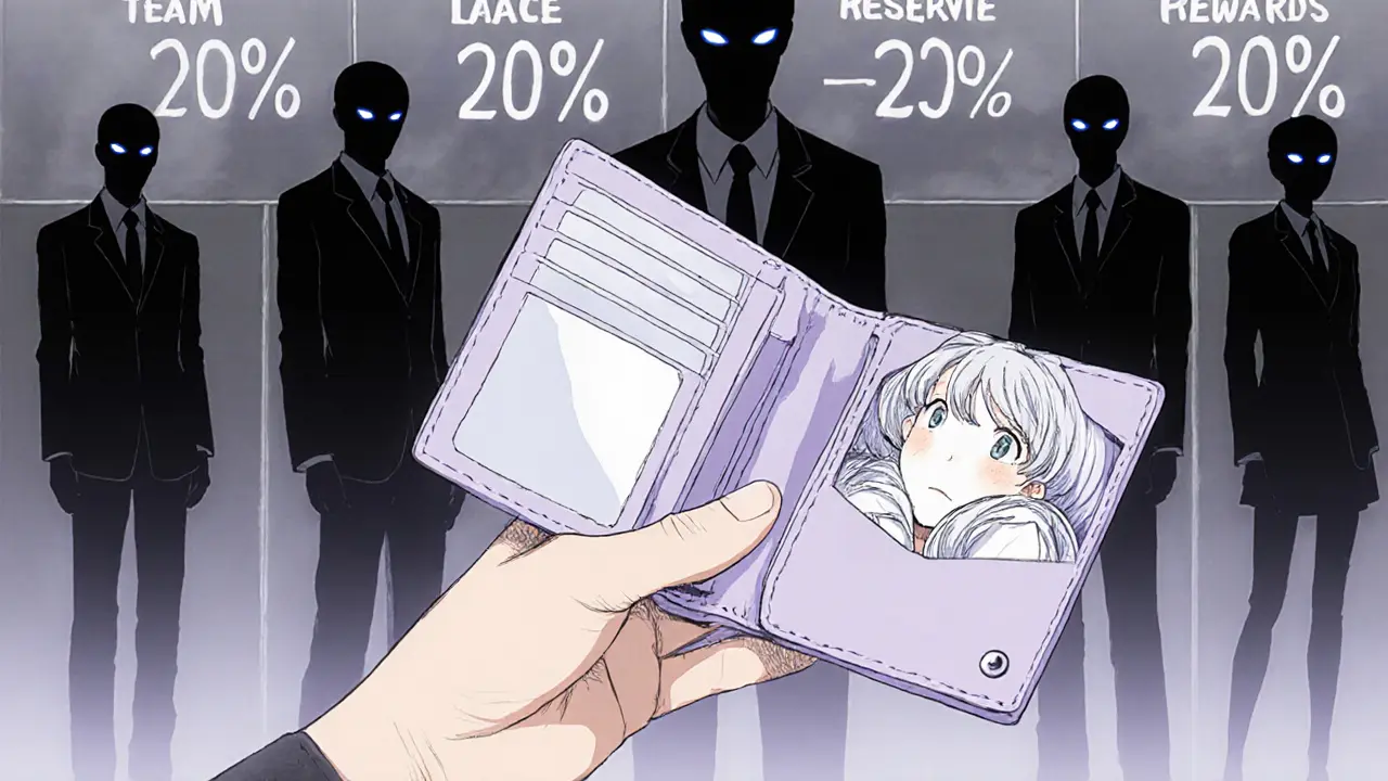 A hand holds LACE tokens while shadowy figures loom behind labels for team and reserve funds.