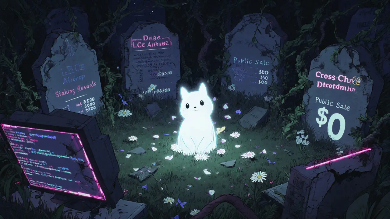 A quiet digital graveyard with tombstones for failed crypto promises, one NFT glowing softly in the center.