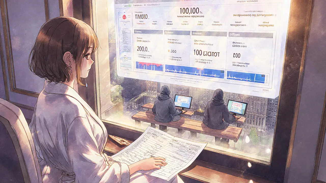 A wealthy investor in a penthouse overlooks underground crypto traders below, symbolizing class divide in Russia&#039;s crypto world.