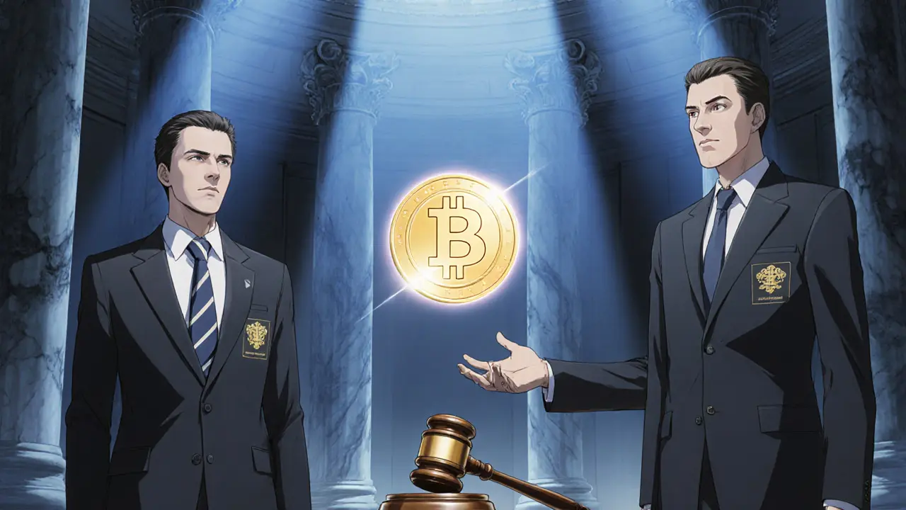 Anime-style officials presenting a crypto token in a courtroom, symbolizing strict enforcement.