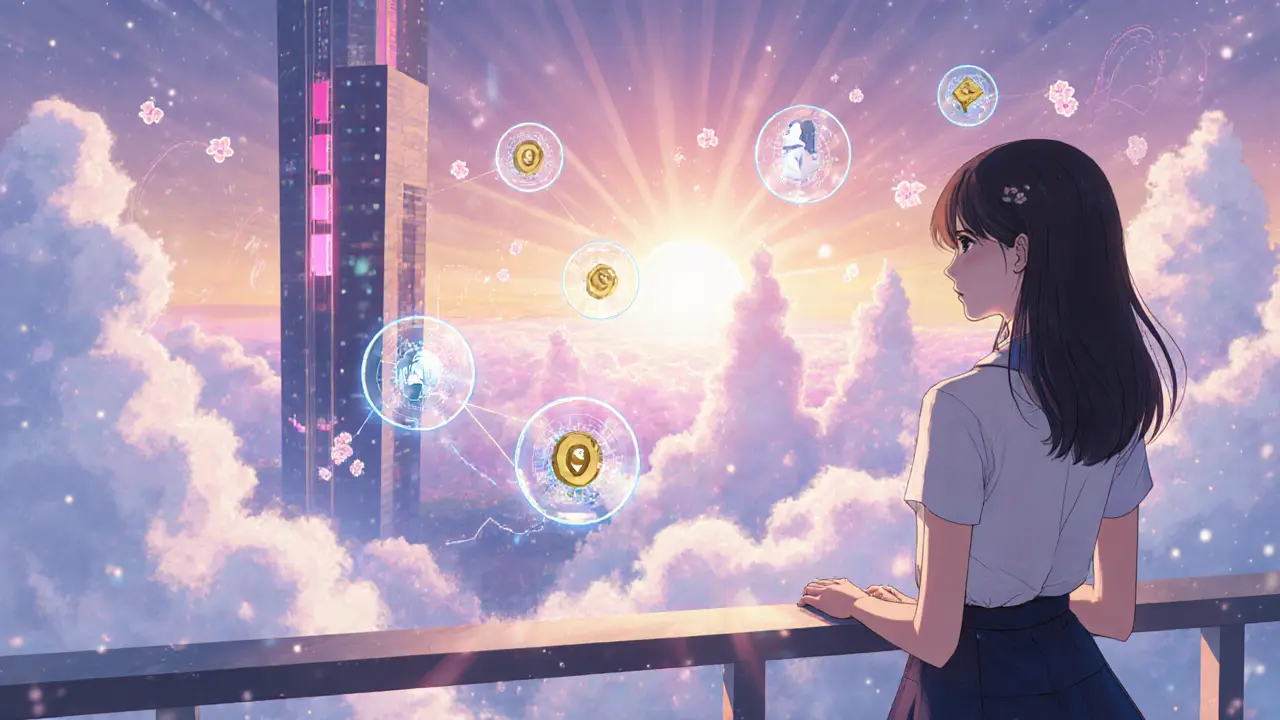 Developer watches AI holograms and floating NEX tokens rise at sunrise.