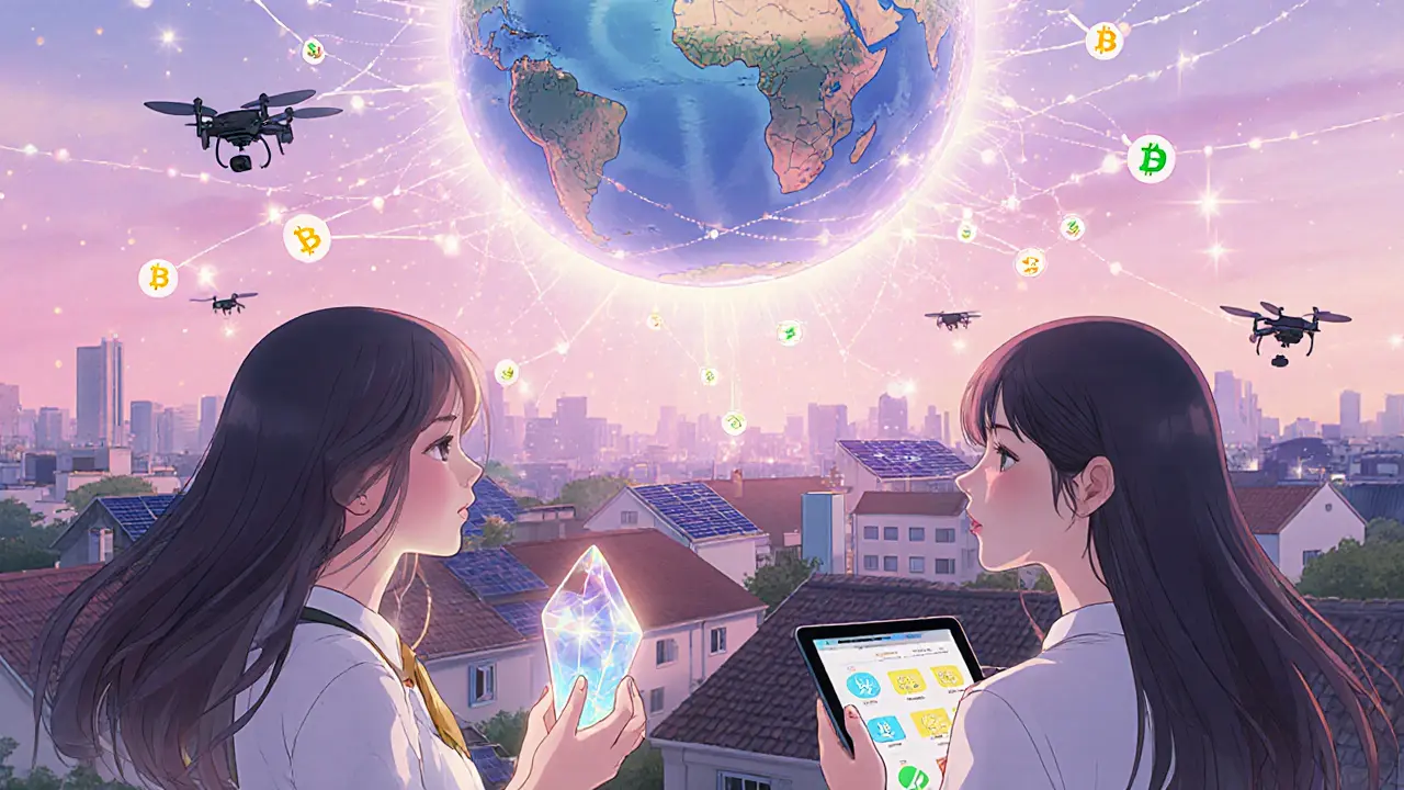 Dusk cityscape with glowing network lines linking renewable energy sources, viewed by two hopeful youths.