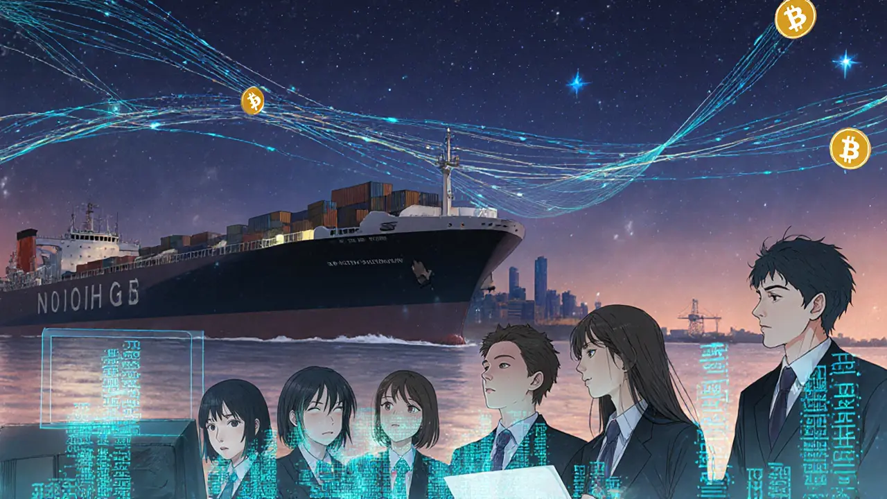 Engineers in Novosibirsk monitor holographic crypto transactions connecting Russia to a distant cargo ship.