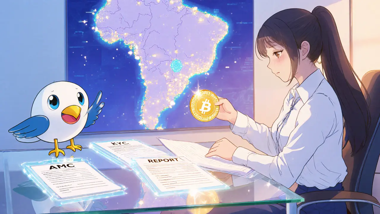 Entrepreneur fills holographic compliance forms with a friendly ledger bird mascot.