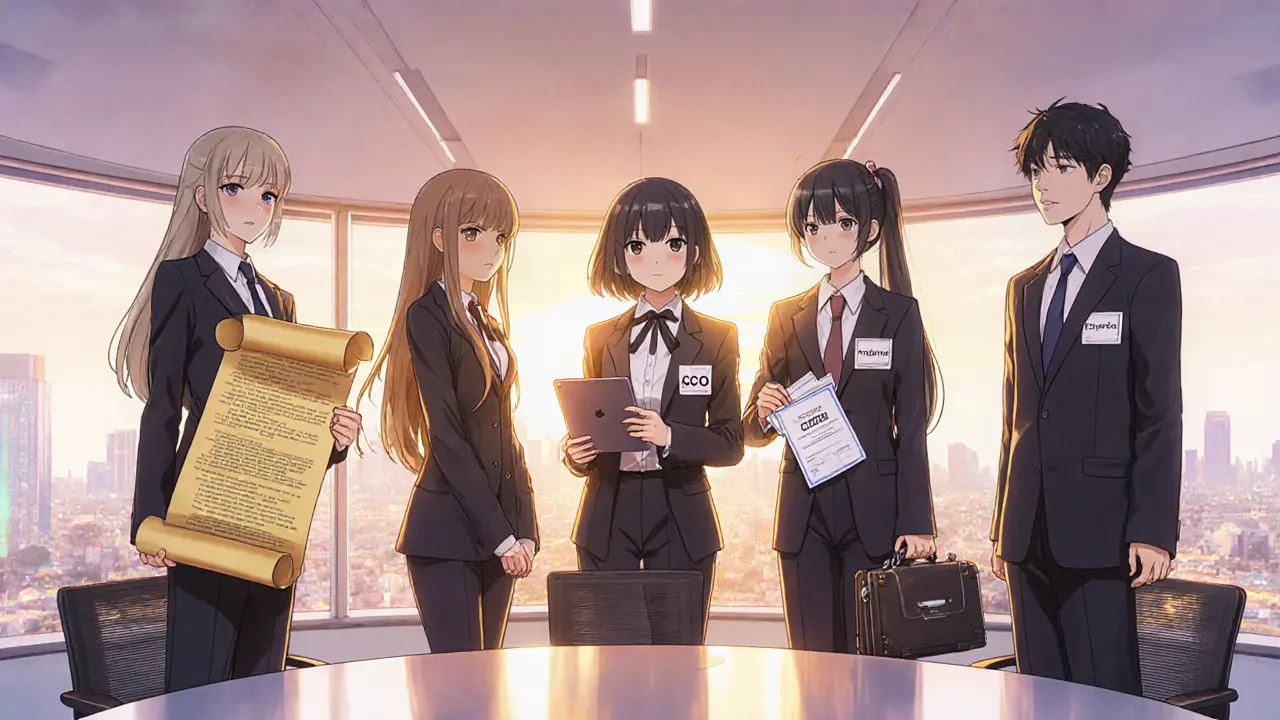 Five characters each holding symbols for licensing, tech, personnel, legal, and ops costs.