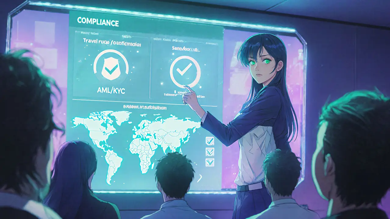 Founder presenting a futuristic compliance dashboard to investors with world map backdrop.