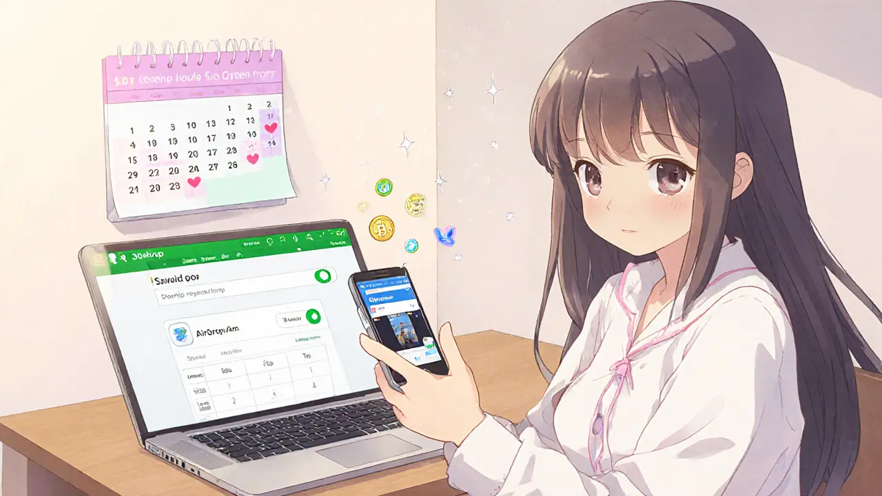 Girl at desk with laptop extension toggle green and phone showing airdrop tab, calendar marks 30 days.