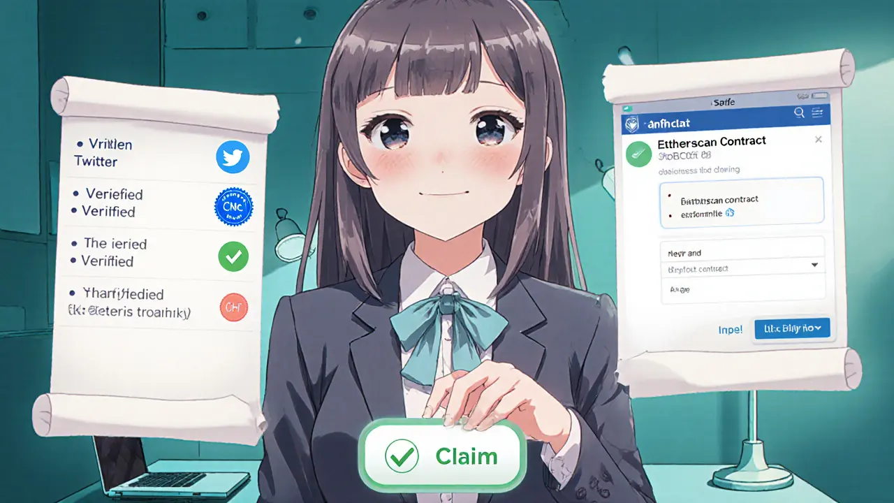 Girl checks three verification scrolls—Twitter, CoinMarketCap badge, Etherscan—before claiming.