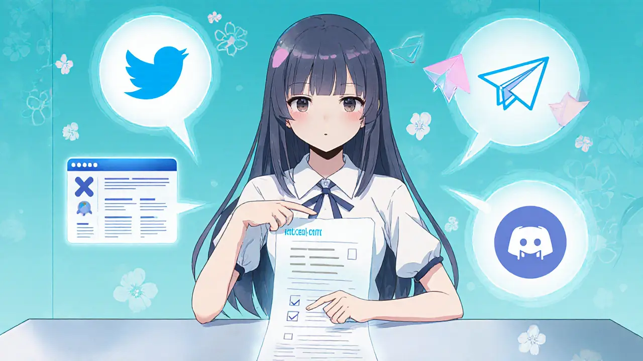 Girl checks website, Twitter, Telegram, Discord icons with checklist at desk.