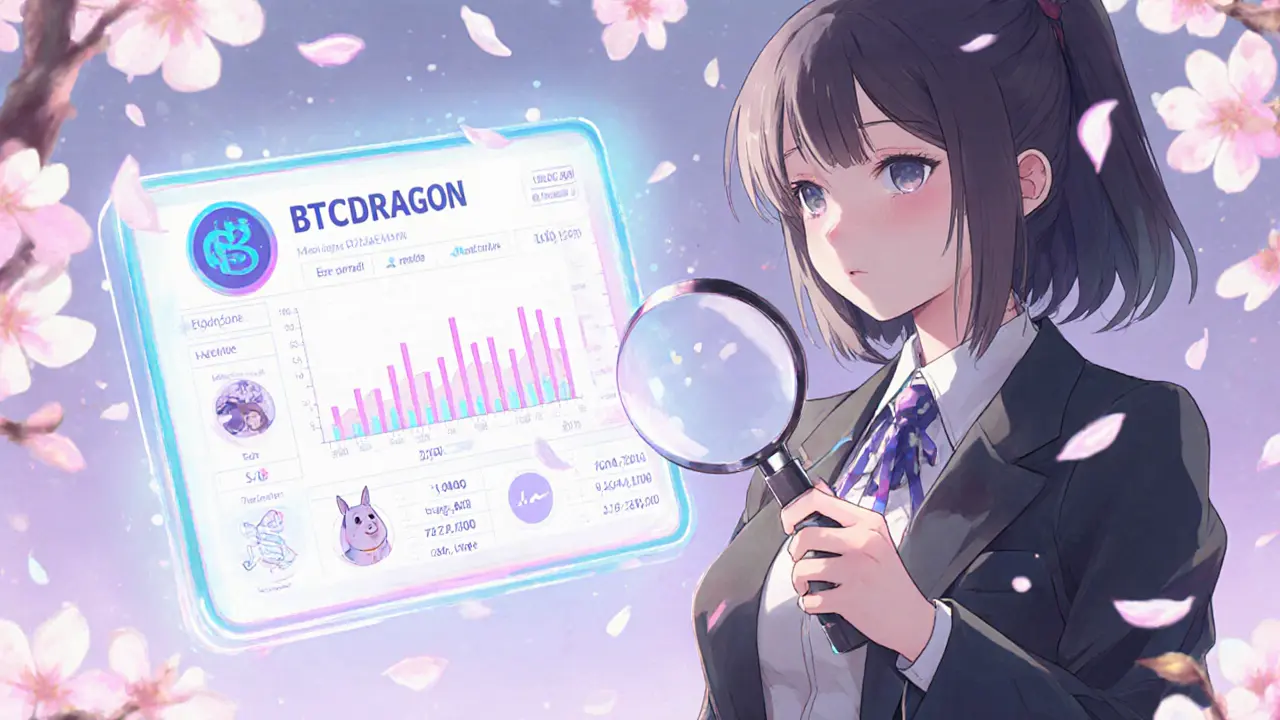 Girl examining holographic BTCDRAGON data with market cap and comparison charts.