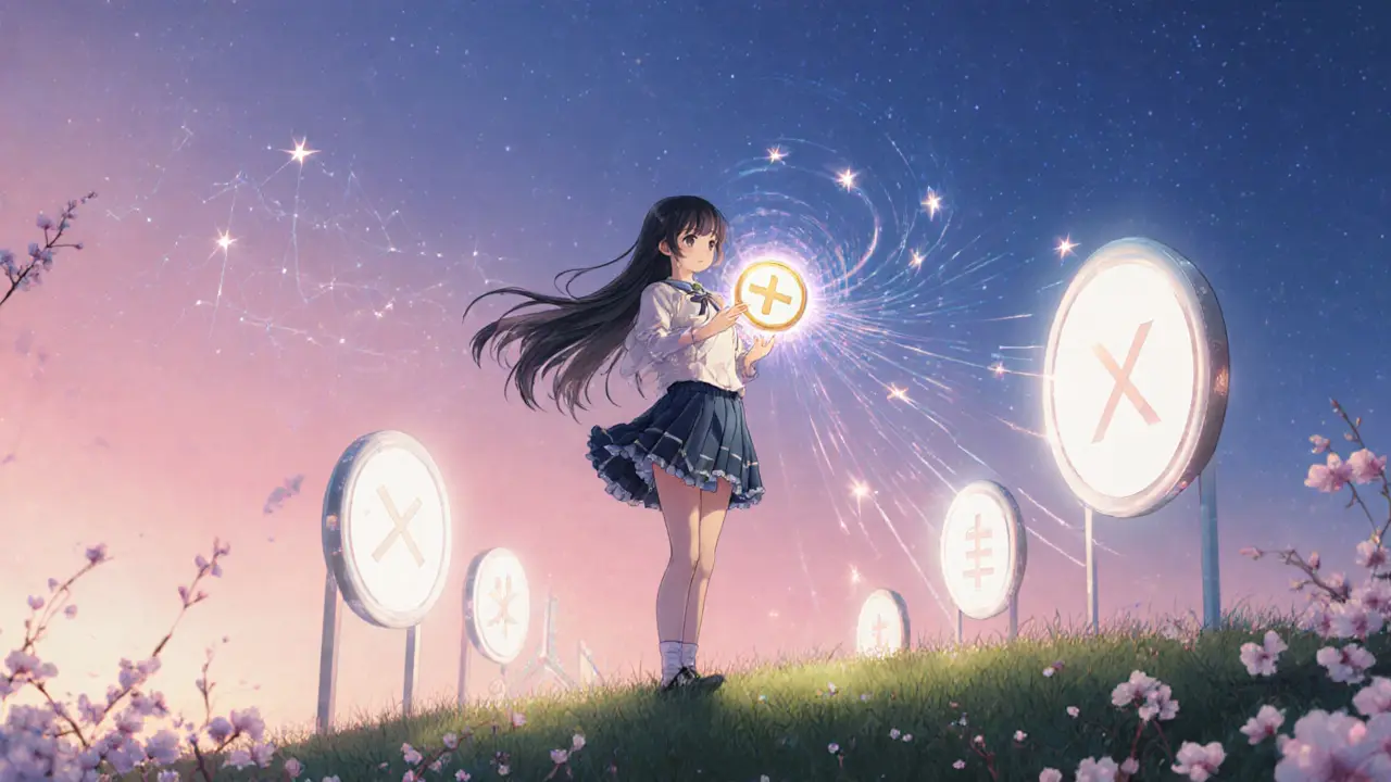 Girl holding a radiant token, portals of mini‑apps glowing, dusk sky with hopeful atmosphere.