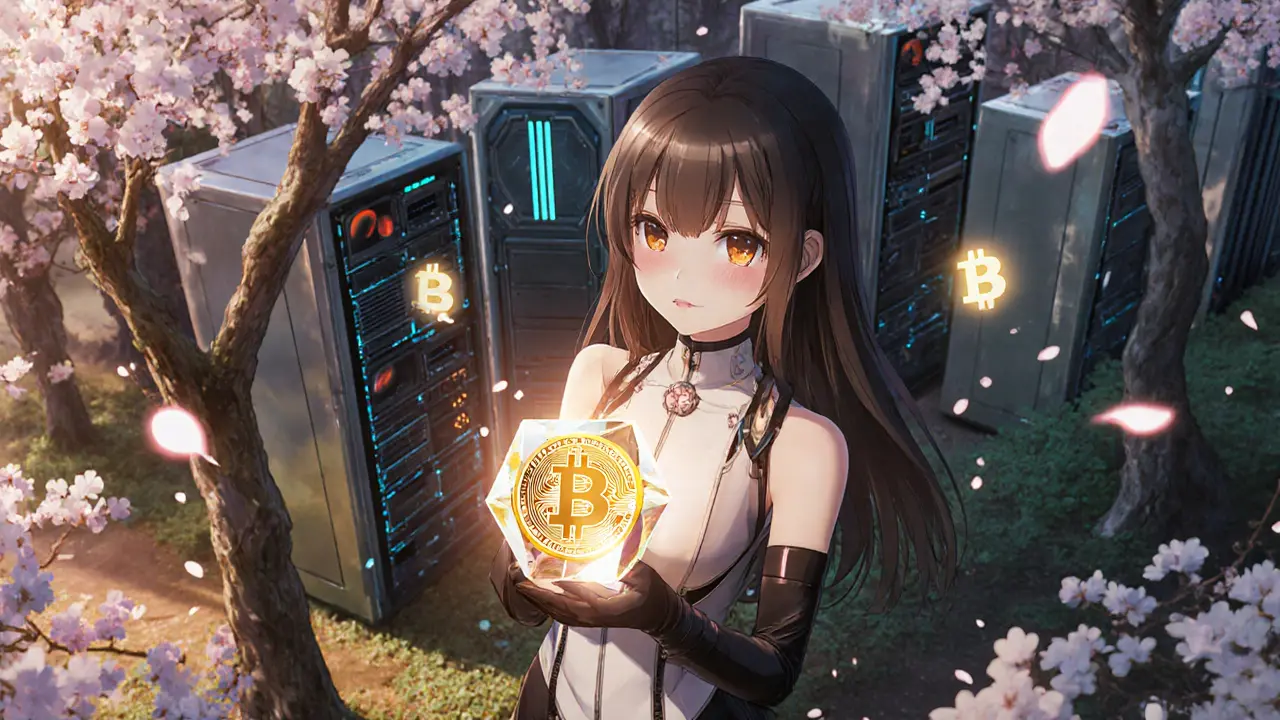 Girl holds a glowing NFT crystal in a futuristic mining garden with Bitcoin symbols.