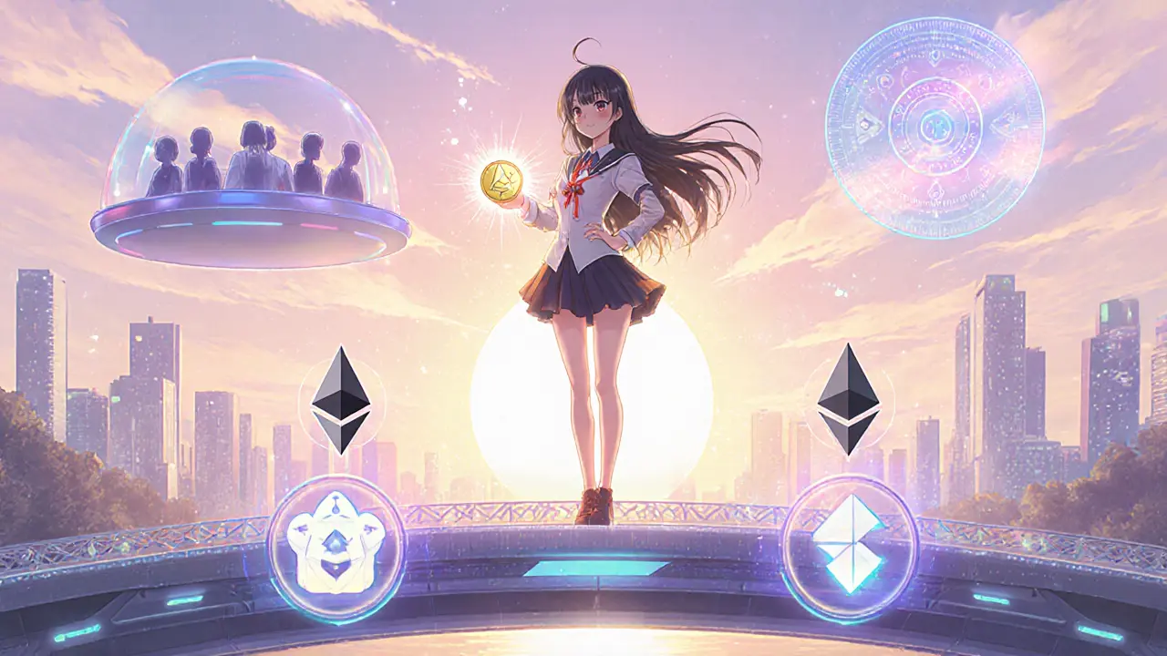 Girl on glowing bridge holding a SWASH token, blockchain logos and DAO silhouettes in background.