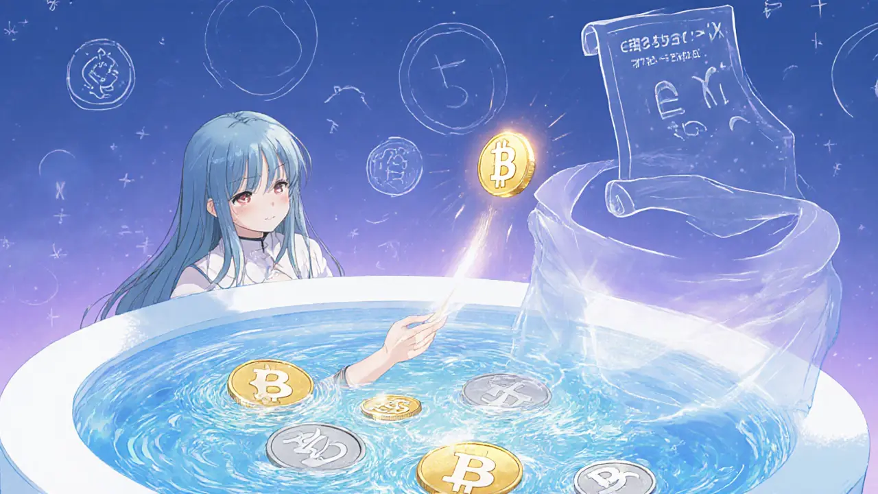 Girl placing glowing EPS/EPX token into a swirling pool, symbolizing staking rewards.