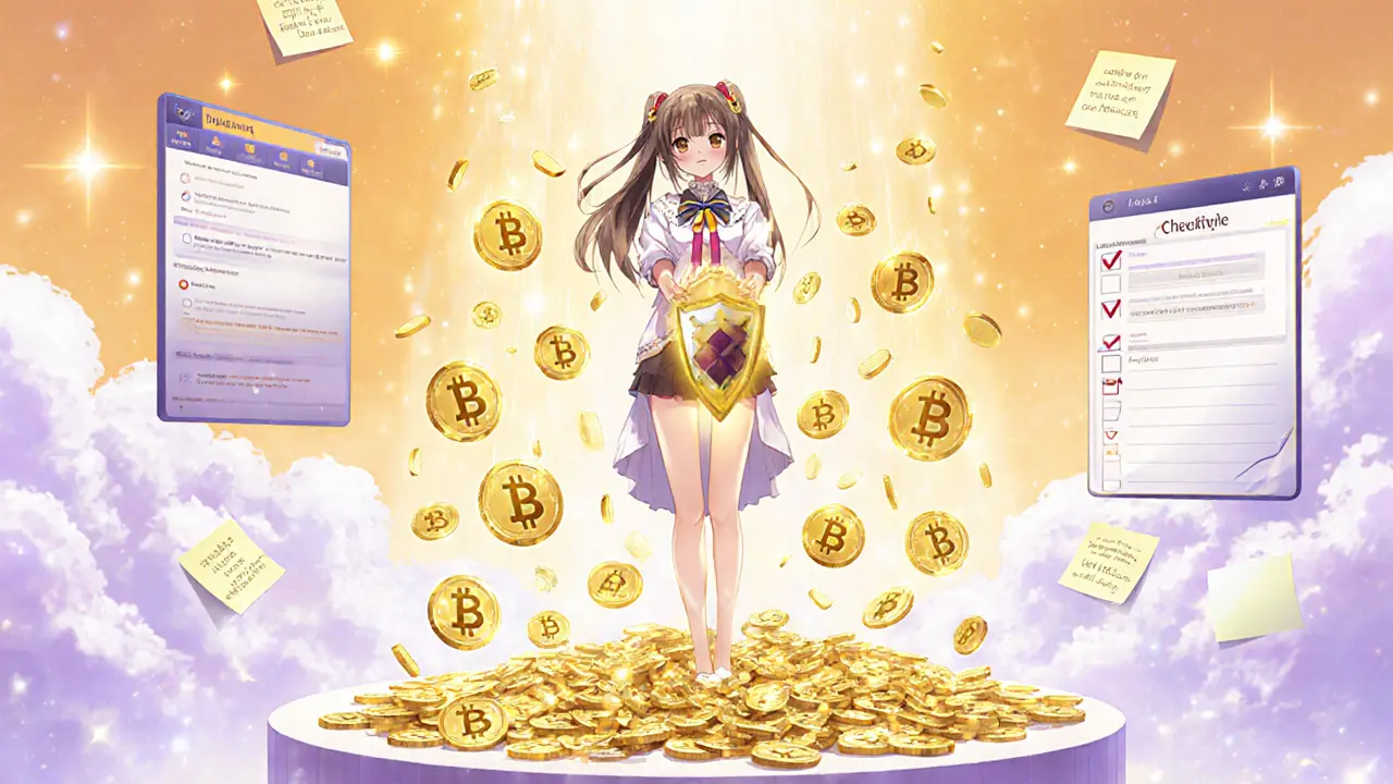 Girl receiving glowing BOT tokens with a protective shield and staking/NFT icons.