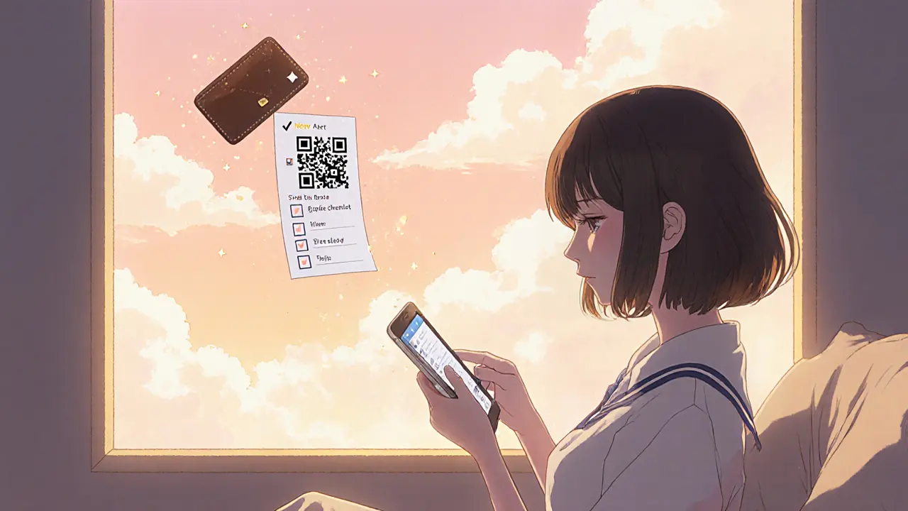 Girl sets price alert and creates new wallet, surrounded by pastel clouds.