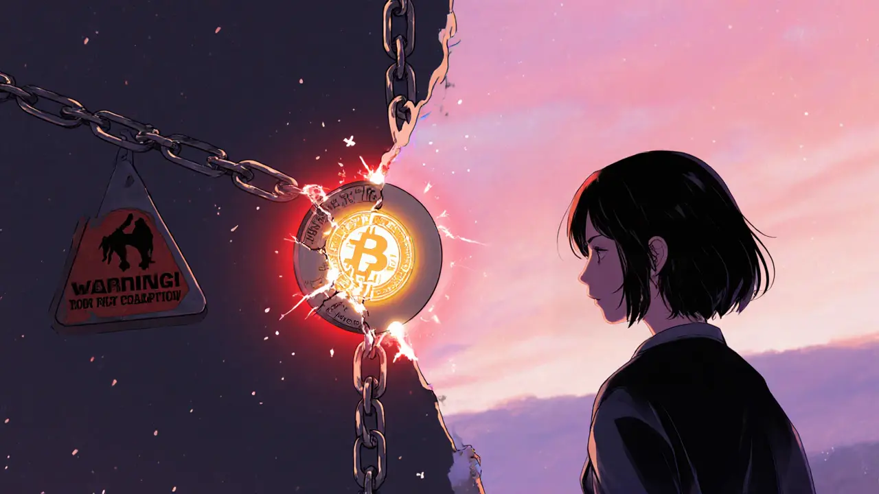 Girl walking away from a broken chain with glowing BTCDRAGON token and warning aura.