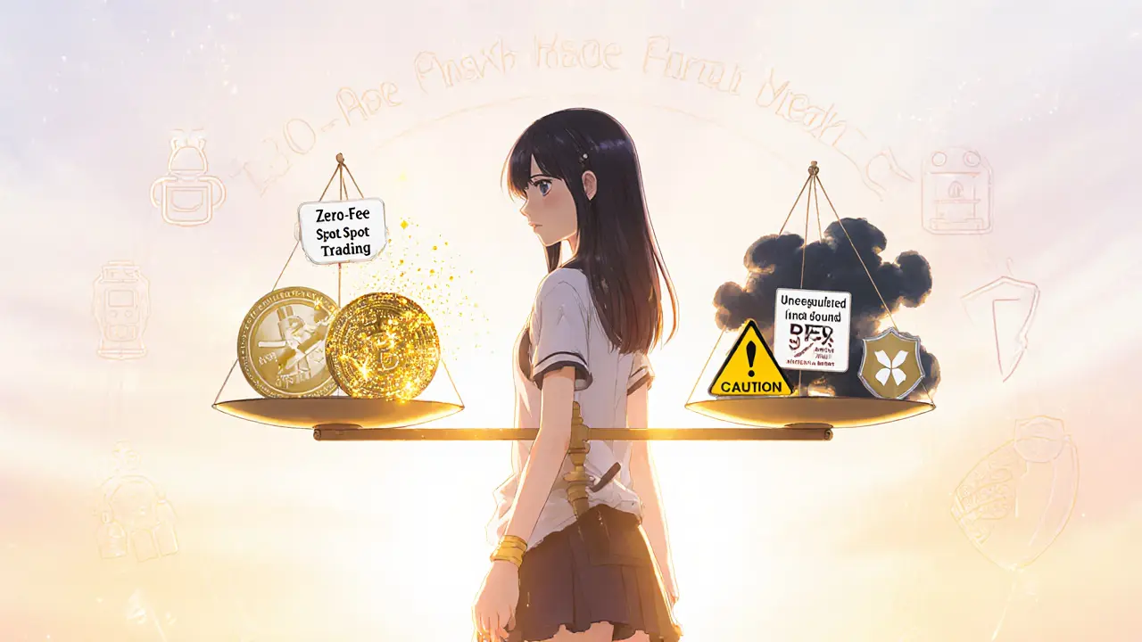 Girl weighing zero‑fee benefits against unregulated risk.