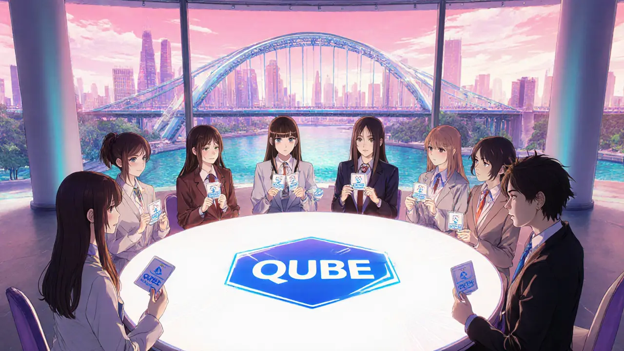 Group of characters voting at a QUBE-shaped table, illustrating future governance.