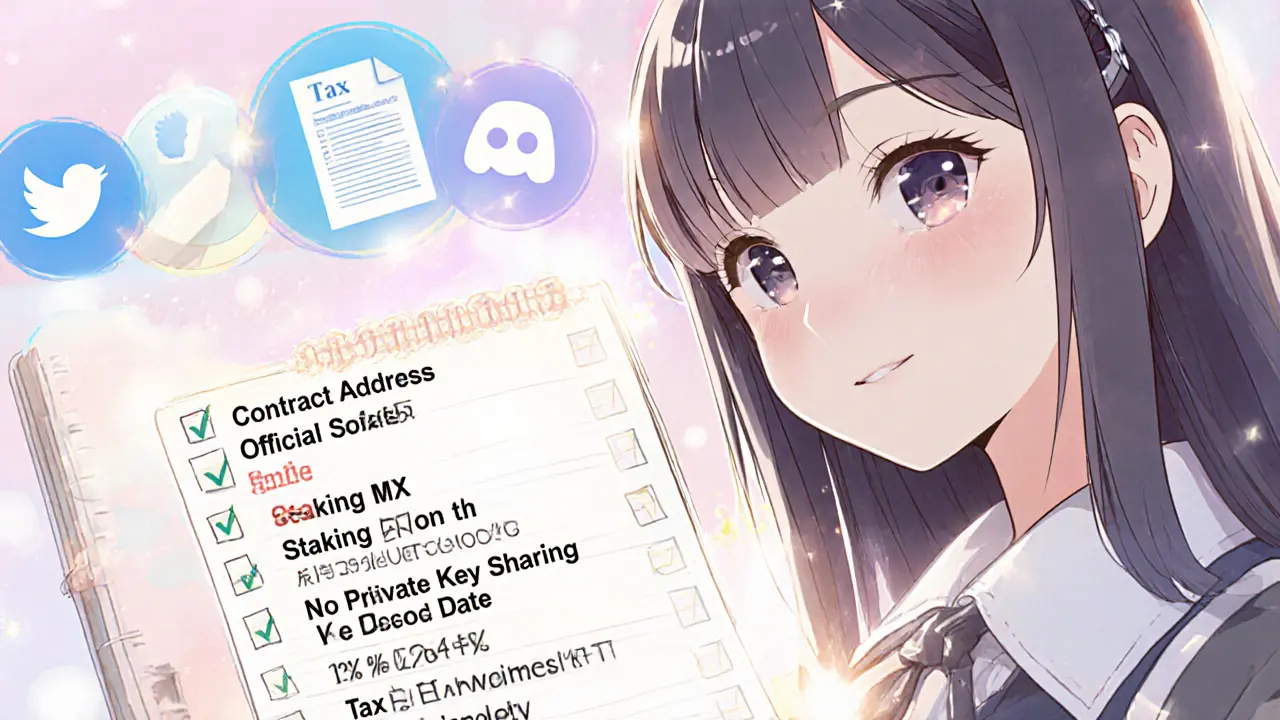 Heroine checking a pastel checklist of safety steps, icons of socials and tax form nearby.