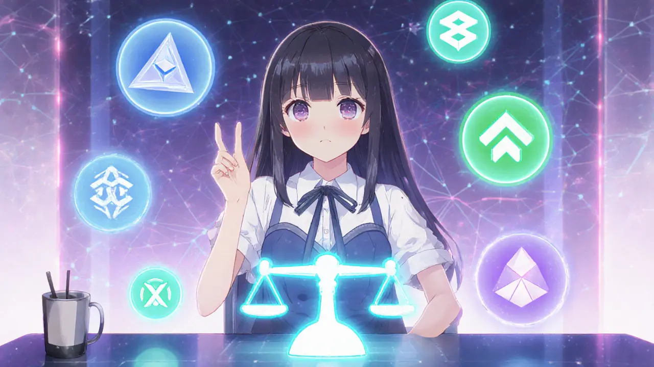 Heroine examining floating blockchain icons and tokenomics symbols in a futuristic desk scene.