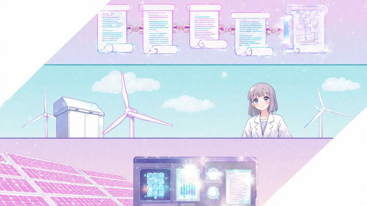 Layered illustration of solar panels, wind turbine, battery, EMS console, blockchain chain, and smart contracts.