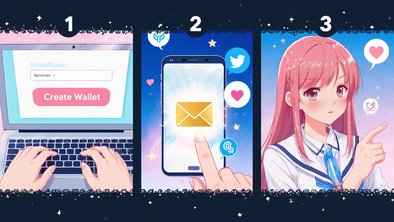 Panel showing wallet creation, email verification, and social media tasks in shoujo style.