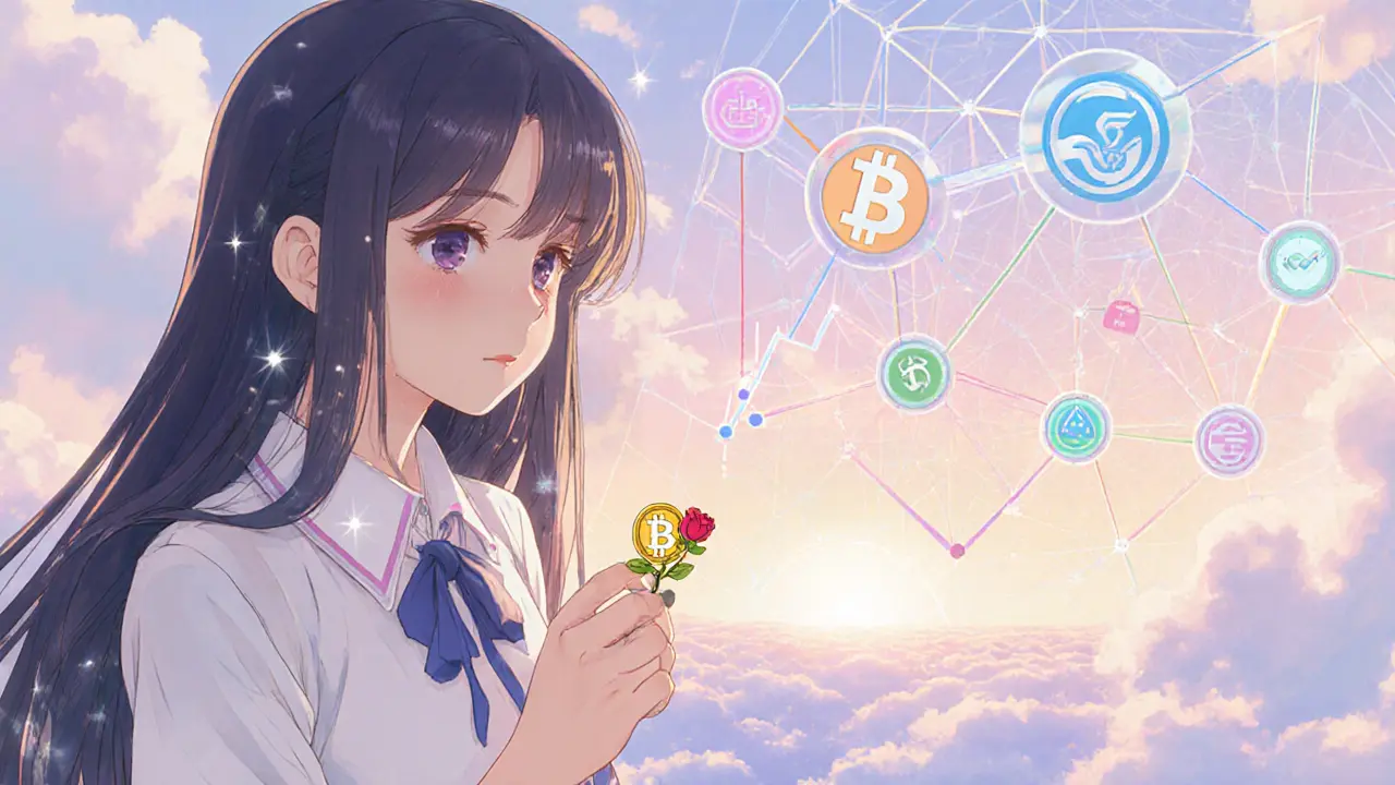 Protagonist gazing at bridges and a rising chart line, hinting at Ellipsis Finance’s future.