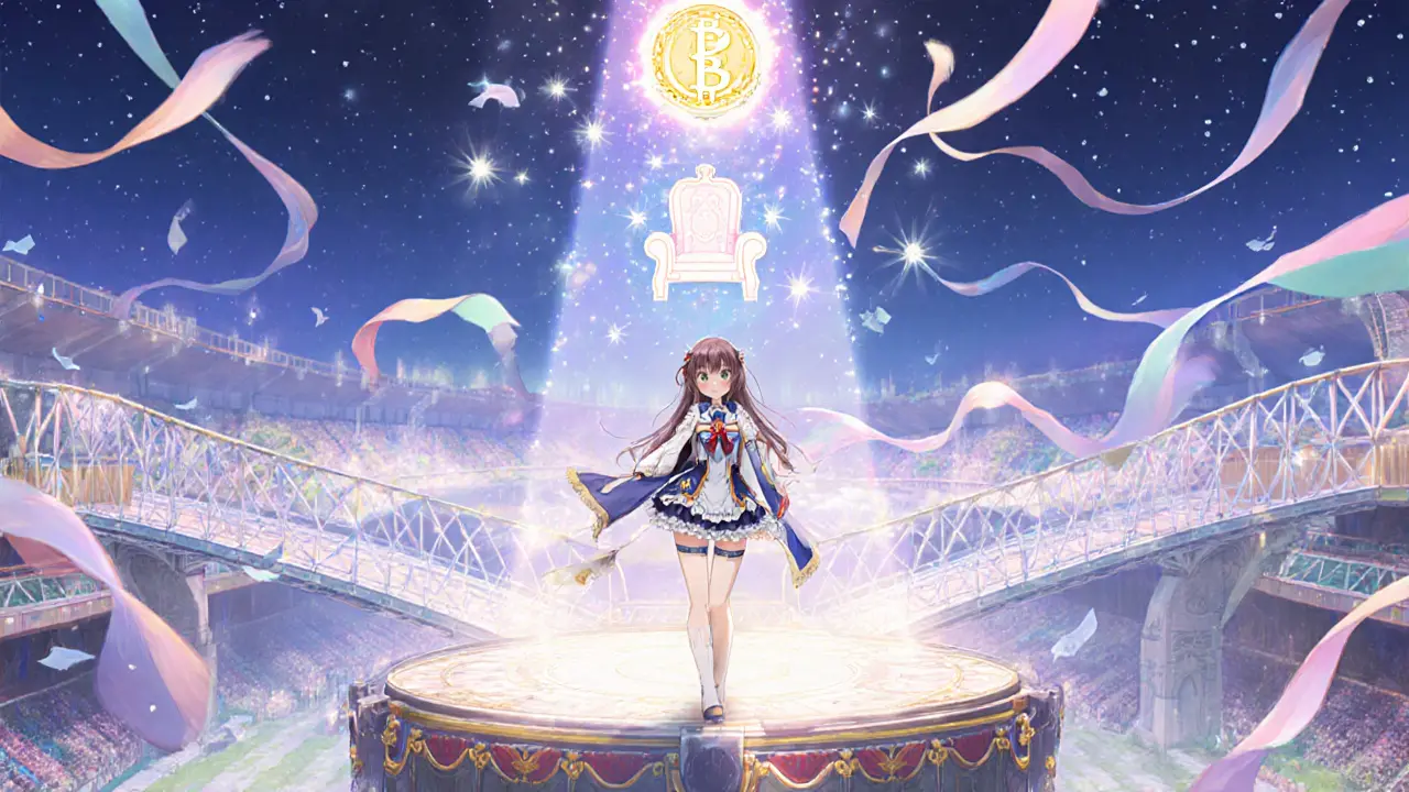 Shoujo manga hero on a tournament stage with bridges to other games and a glowing FIWA token.