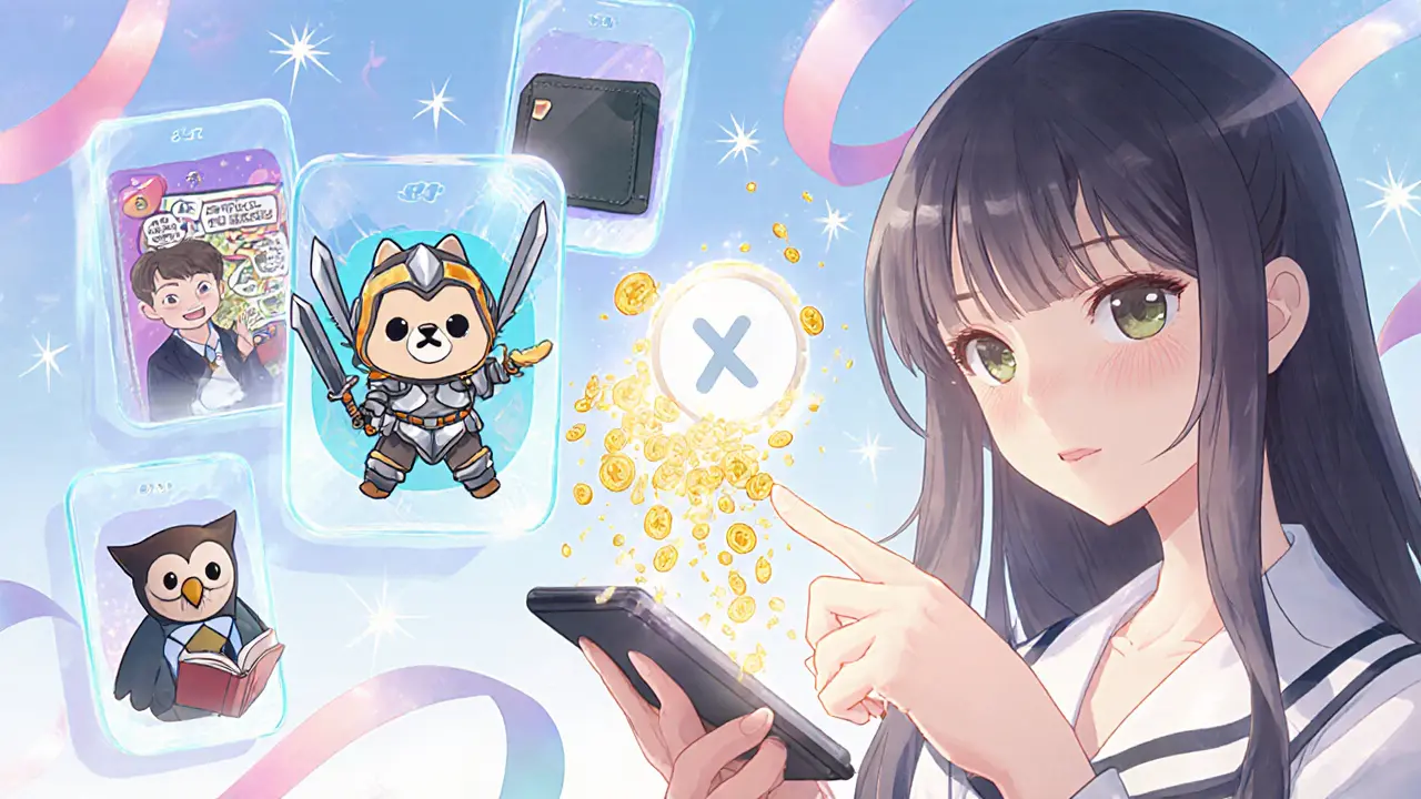 Tap-to-earn flow with token particles, dogiator mascot, meme sprite, and language owl in shoujo style.