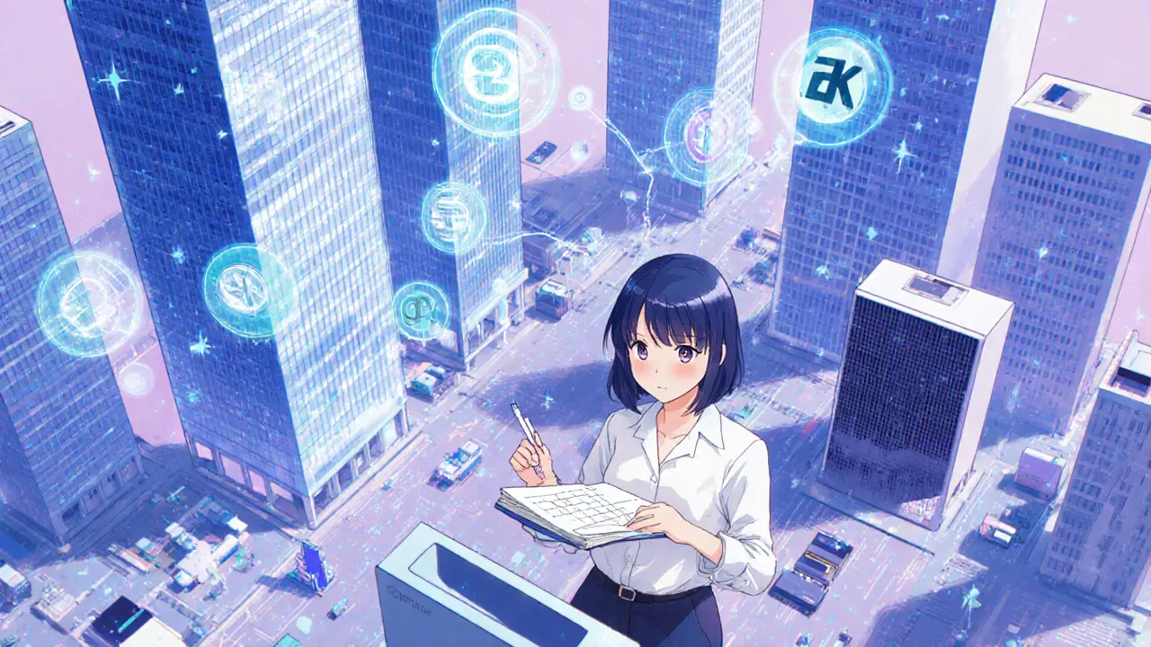 Tech city with devices linked by light threads, showing zkVM proof and ERC‑20 icons.