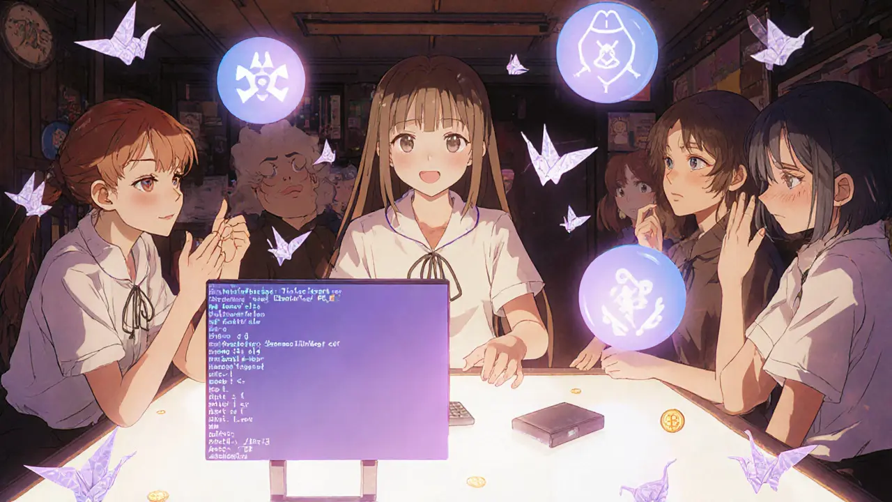 Teens gather around a holographic terminal in a crypto hub, connecting wallets as AntLaunch and AntLock icons float above them.