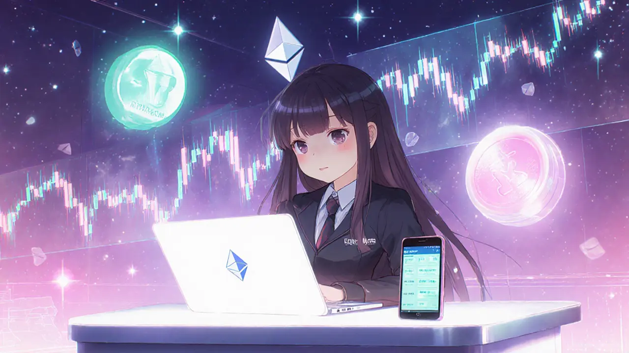 Woman at a desk with holographic charts and Ethereum logo showing price volatility of MAGA tokens.