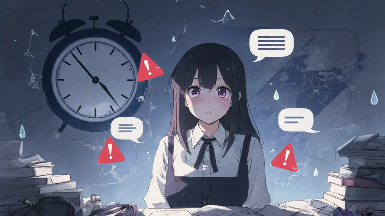 Woman at night with red warning icons and unanswered messages, showing frustration.