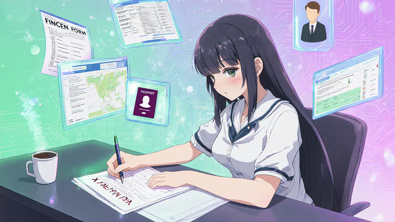 Woman filling out registration form surrounded by KYC holograms and AML checklist documents.