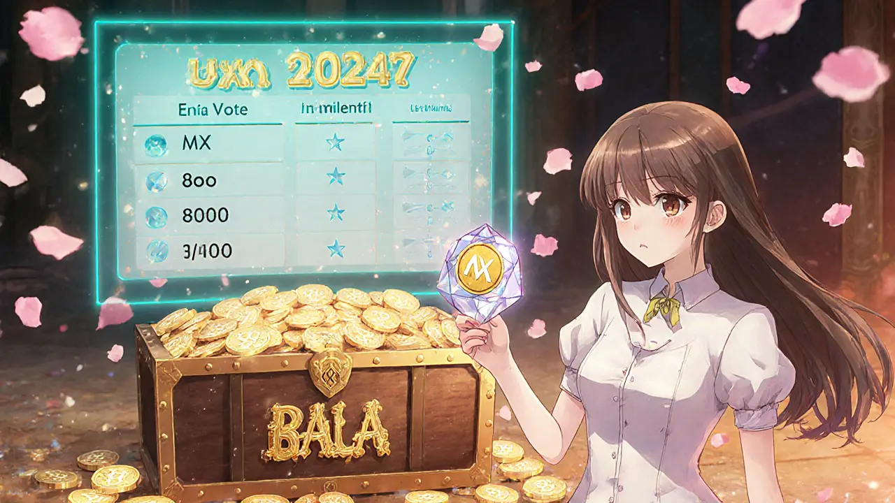 Woman holding MX token voting, golden BALA coins spilling from a chest, warm lighting.