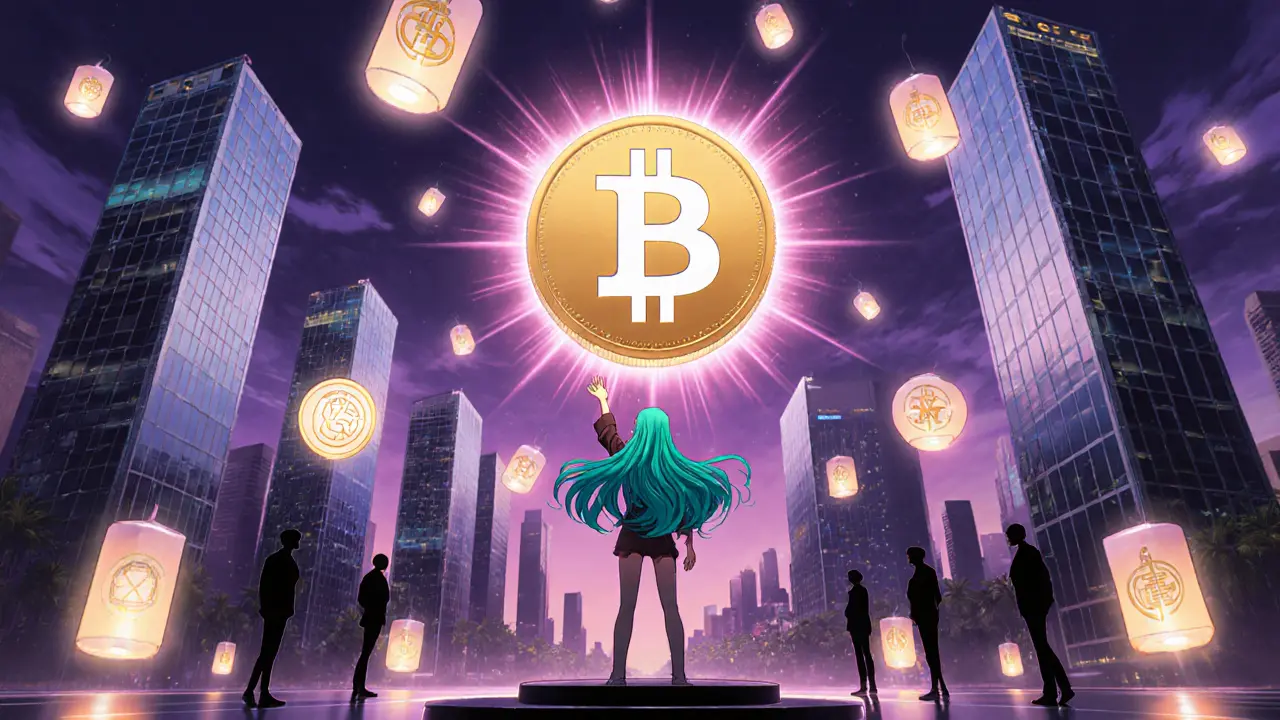 Woman in teal hair gestures to radiant stablecoin orbs in a futuristic city plaza.