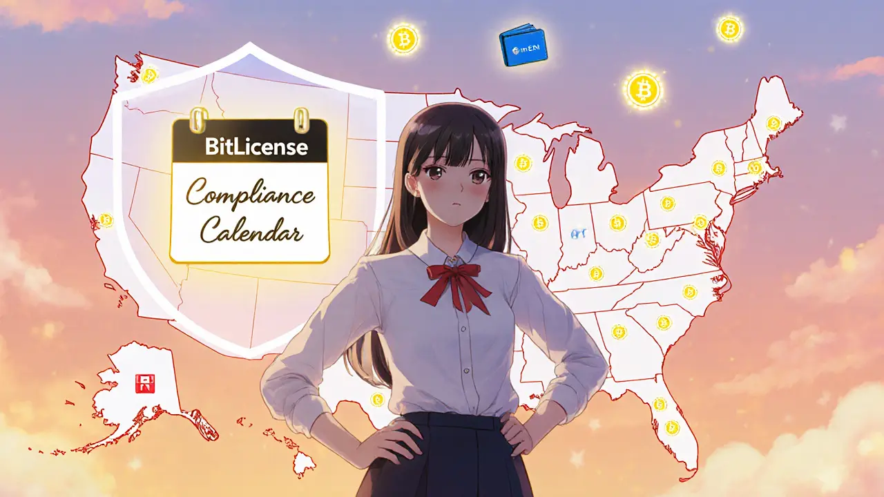 Woman standing before US map with state license icons, BitLicense badge, and a protective compliance shield.
