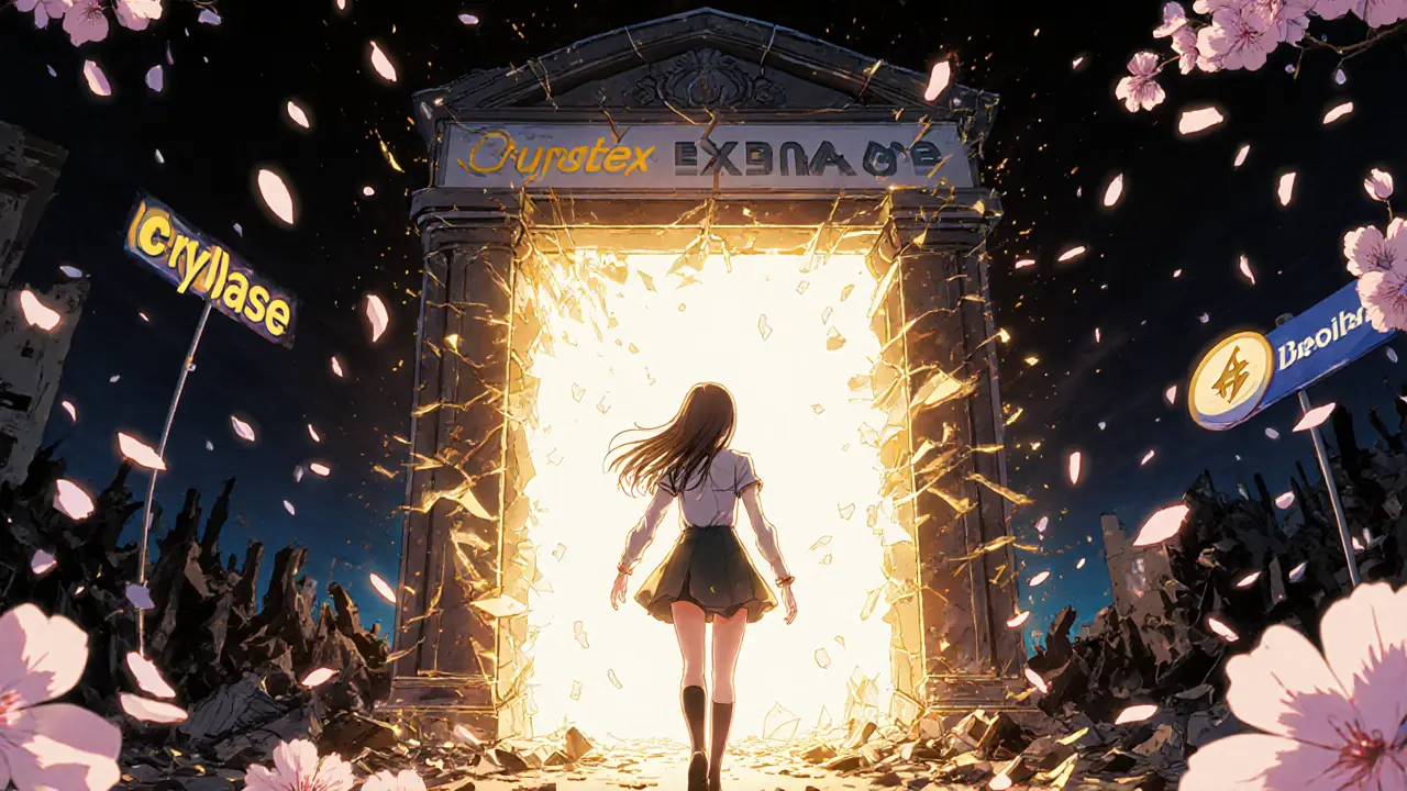 Woman walks from broken Cryptex toward bright portal of regulated exchanges.