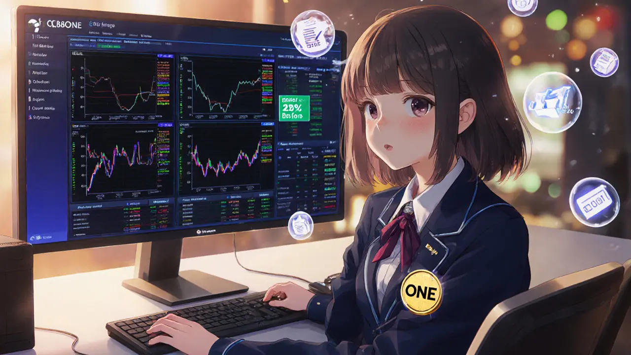 Young trader using BigONE Exchange showing fee discount and voting icons.