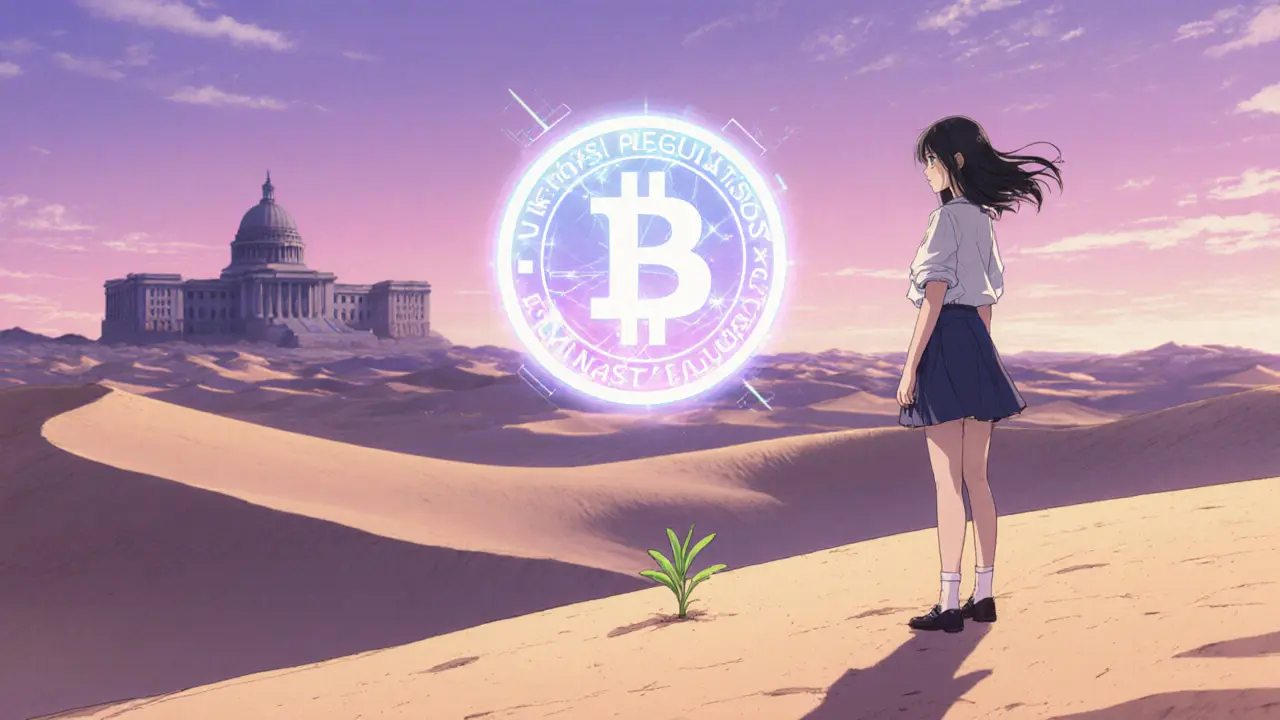 Young woman gazing at a holographic crypto token in a desert, hinting at future regulation.