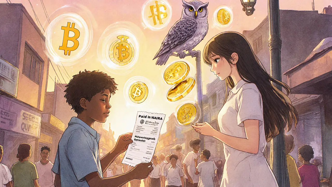 A business owner receives Naira from a crypto payment, while digital assets dissolve into coins under an SEC owl.