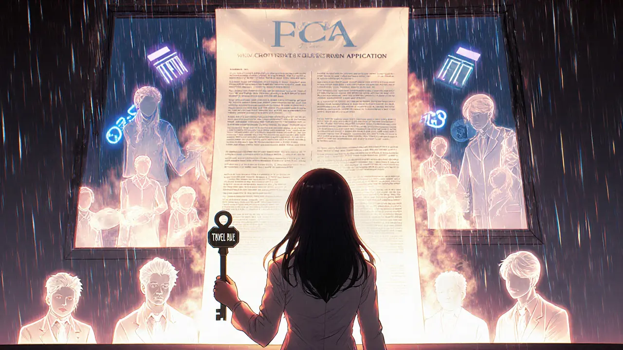 A compliance officer facing a judge made of documents, with failing crypto firms dissolving behind her.