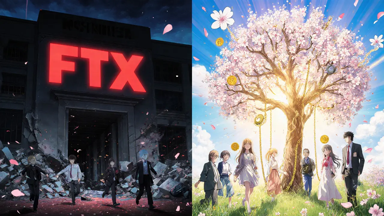 A crumbling centralized exchange vs. a radiant DEX portal in a sunlit meadow with liquidity pools as blooming trees.