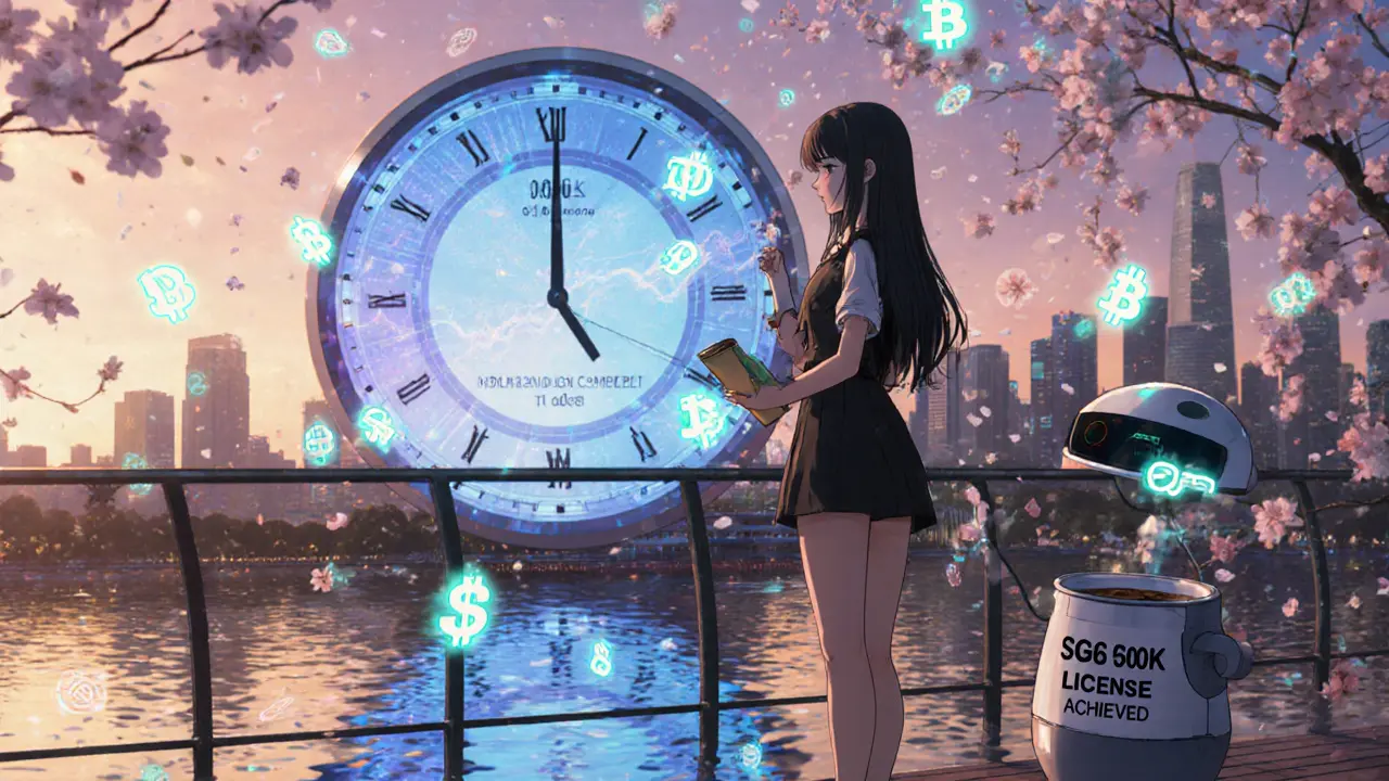 A determined trader in Singapore at dawn, digital currency symbols swirling around her as cherry blossoms fall.