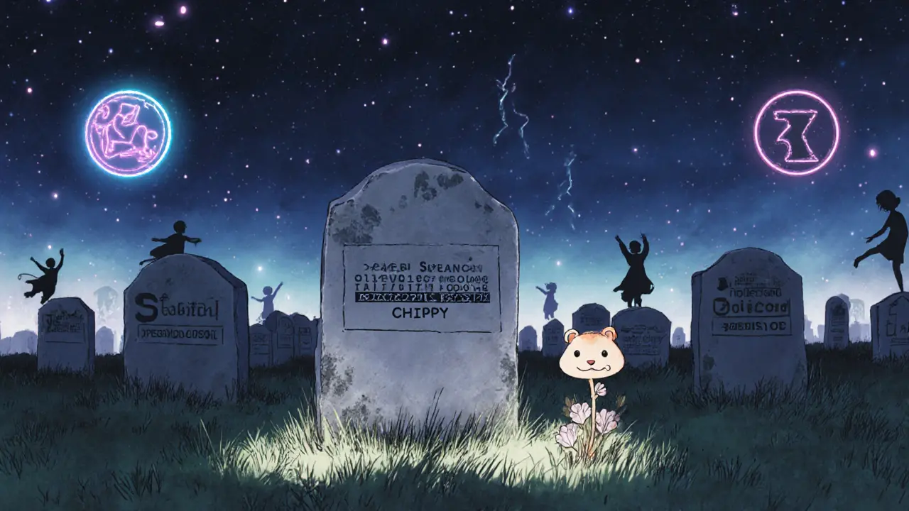 A digital graveyard with tombstones of crypto tokens, one marked CHIPPY with a wilted flower growing from it.
