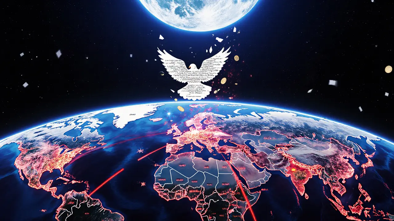 A digital map of sanctioned crypto flows crumbles beneath a dove made of blockchain code, U.S. Treasury seal looming above.